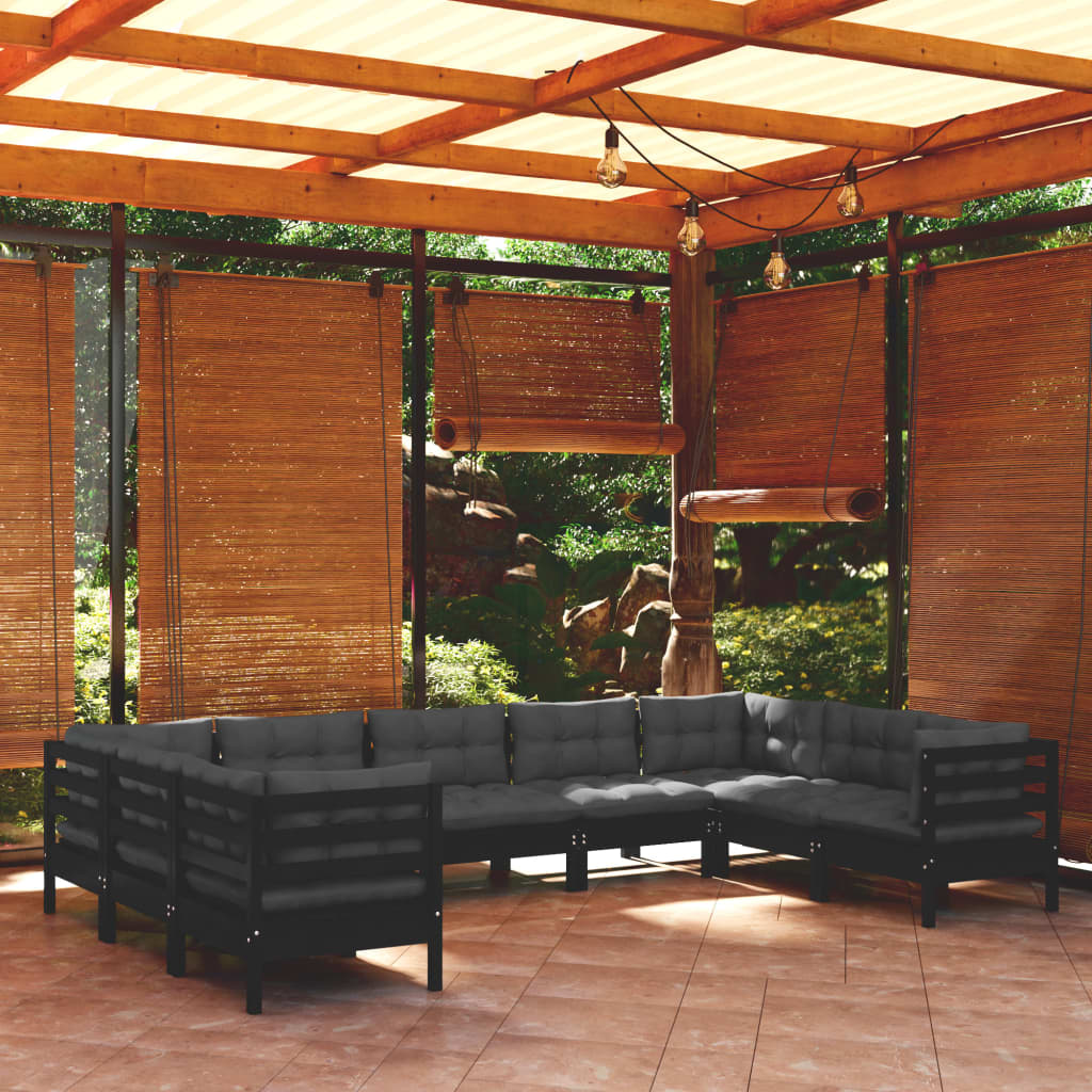 Salon de jardin 9 pcs avec coussins Noir Bois de pin