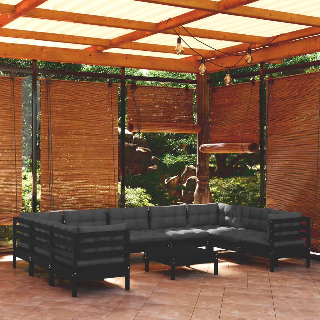 Salon de jardin 10 pcs avec coussins Noir Bois de pin