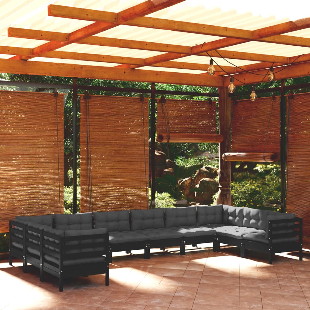 Salon de jardin 10 pcs avec coussins Noir Bois de pin