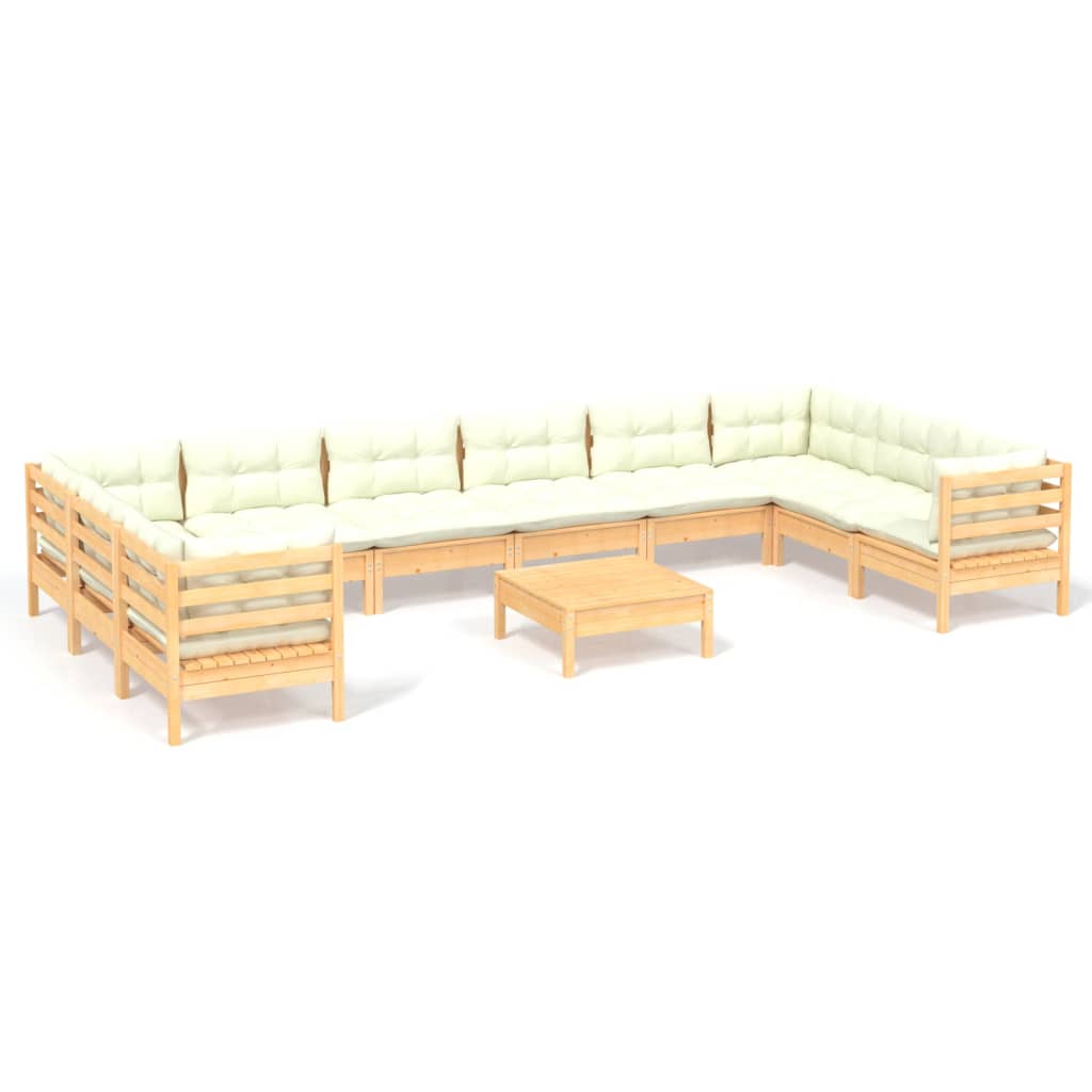 Garden furniture 11 pcs with pine wood cream cushions