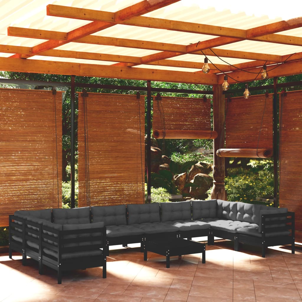 Salon de jardin 11 pcs avec coussins Noir Bois de pin