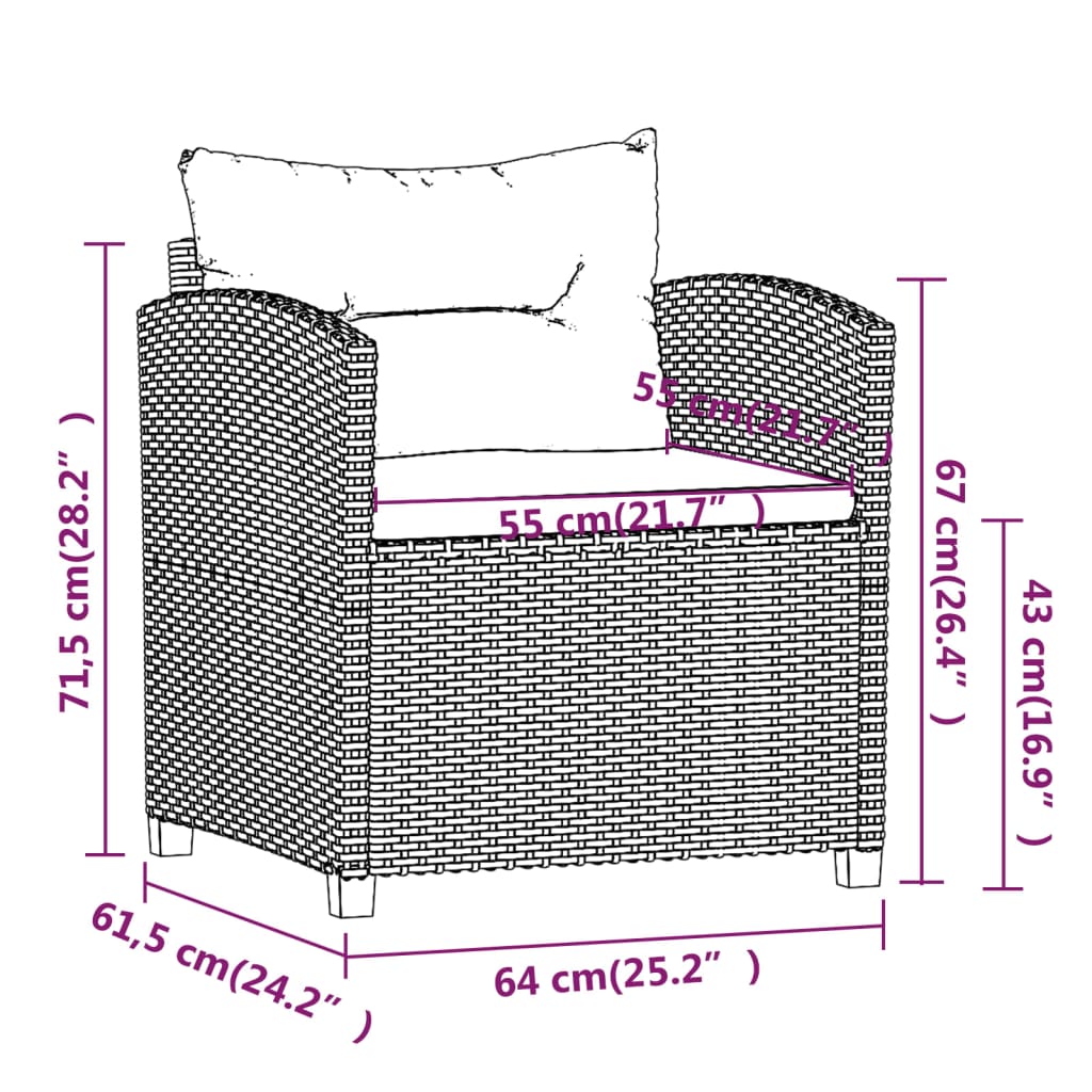 3 pcs garden furniture with gray braided resin cushions