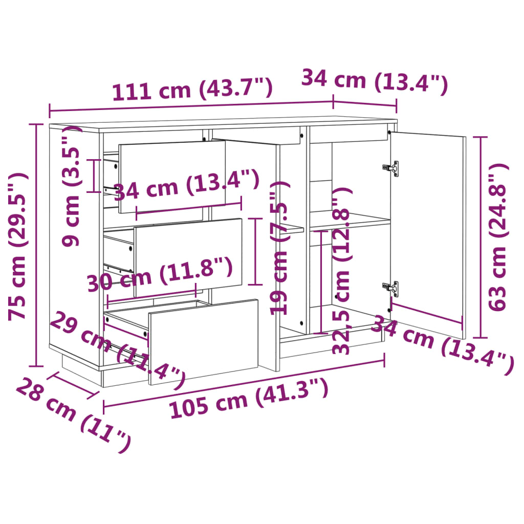 Buffet bianco 111x34x75 cm in legno di pino solido