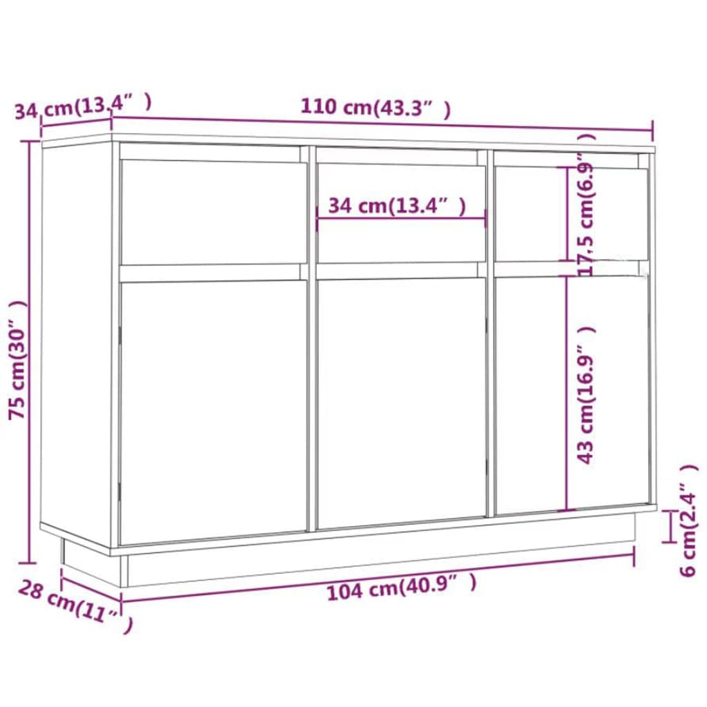 Buffet blanc 110x34x75 cm bois massif de pin