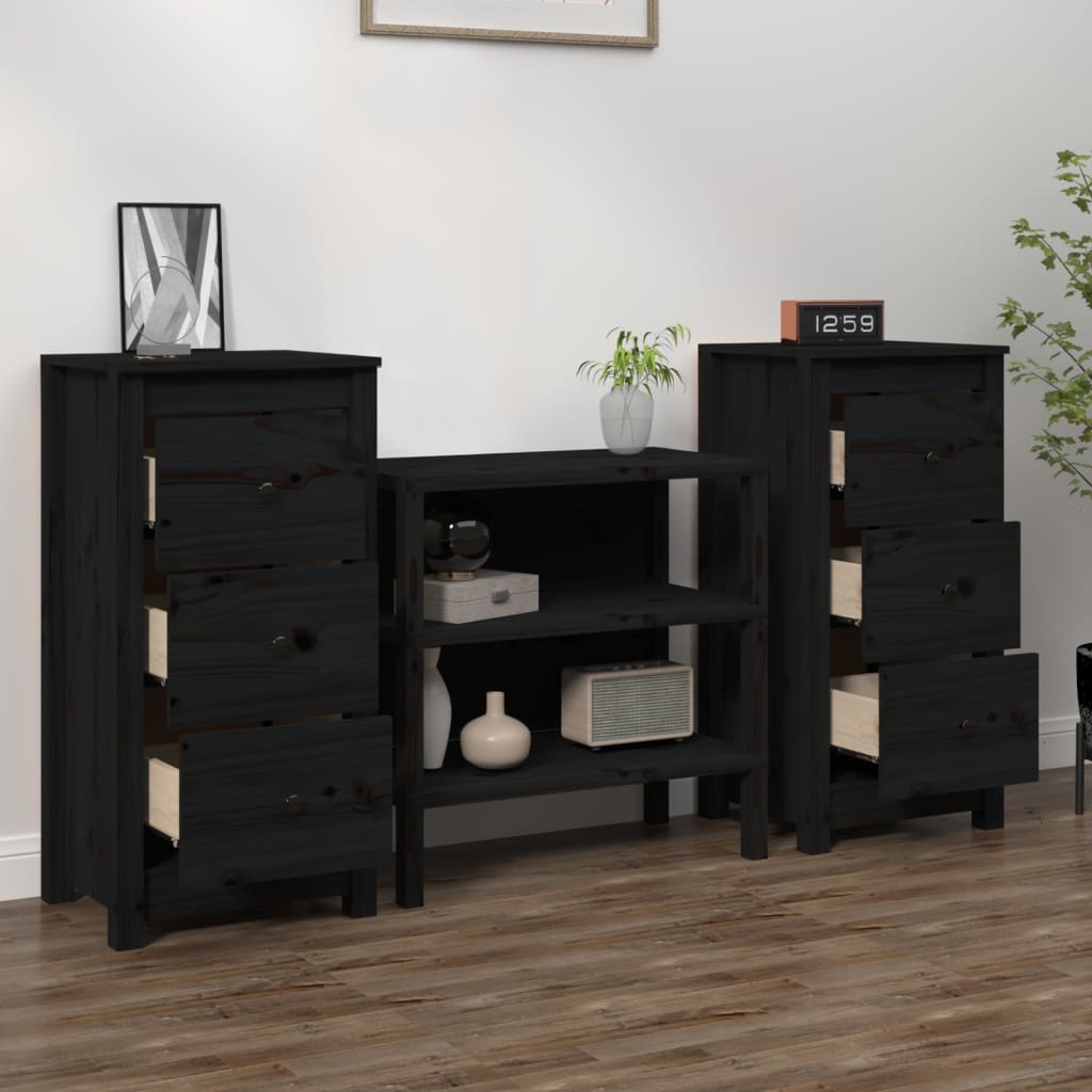 Buffets 2 pcs Noir 40x35x80 cm Bois massif de pin