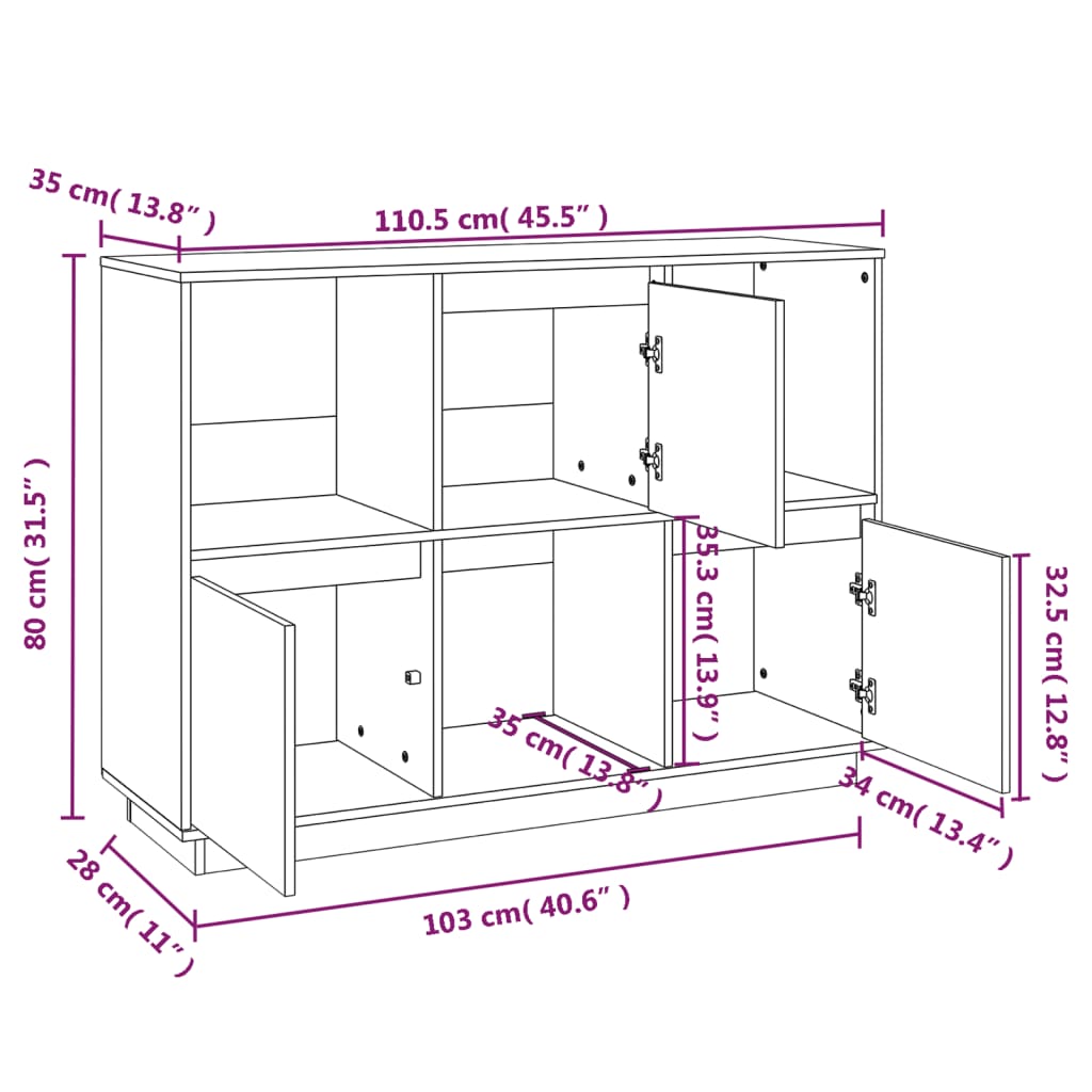 Graues Buffet 110,5x35x80 cm Festkieferholz