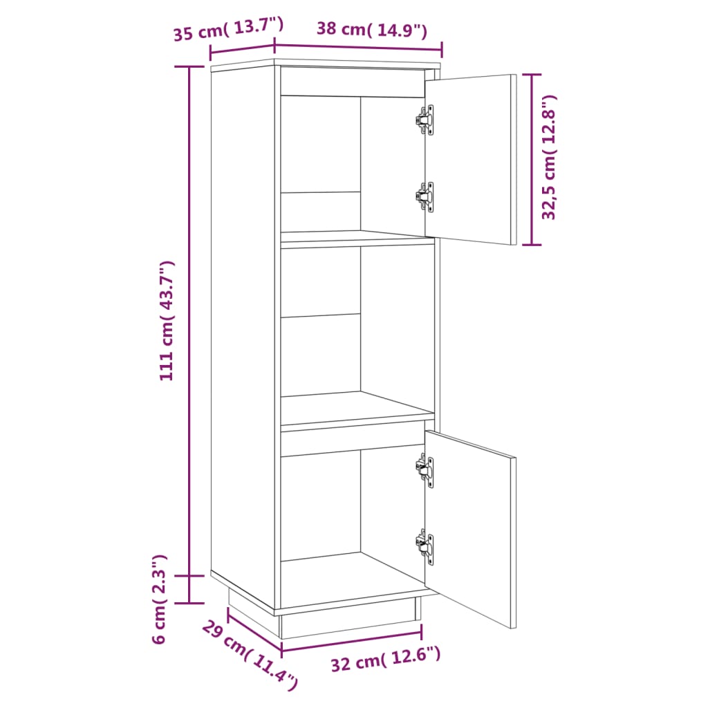 Credenza bianca 38x35x117 cm Legno di pino massiccio