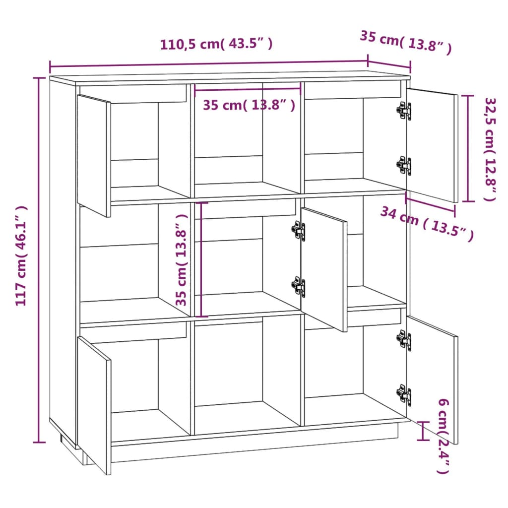 Buffet Noir 110,5x35x117 cm Bois massif de pin