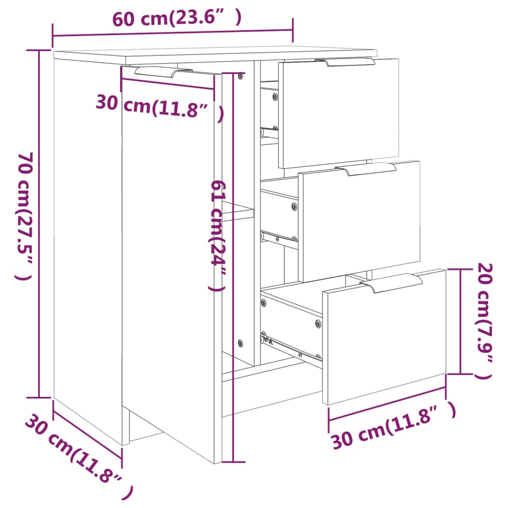 Buffet bianco brillante 60x30x70 cm legno di ingegneria