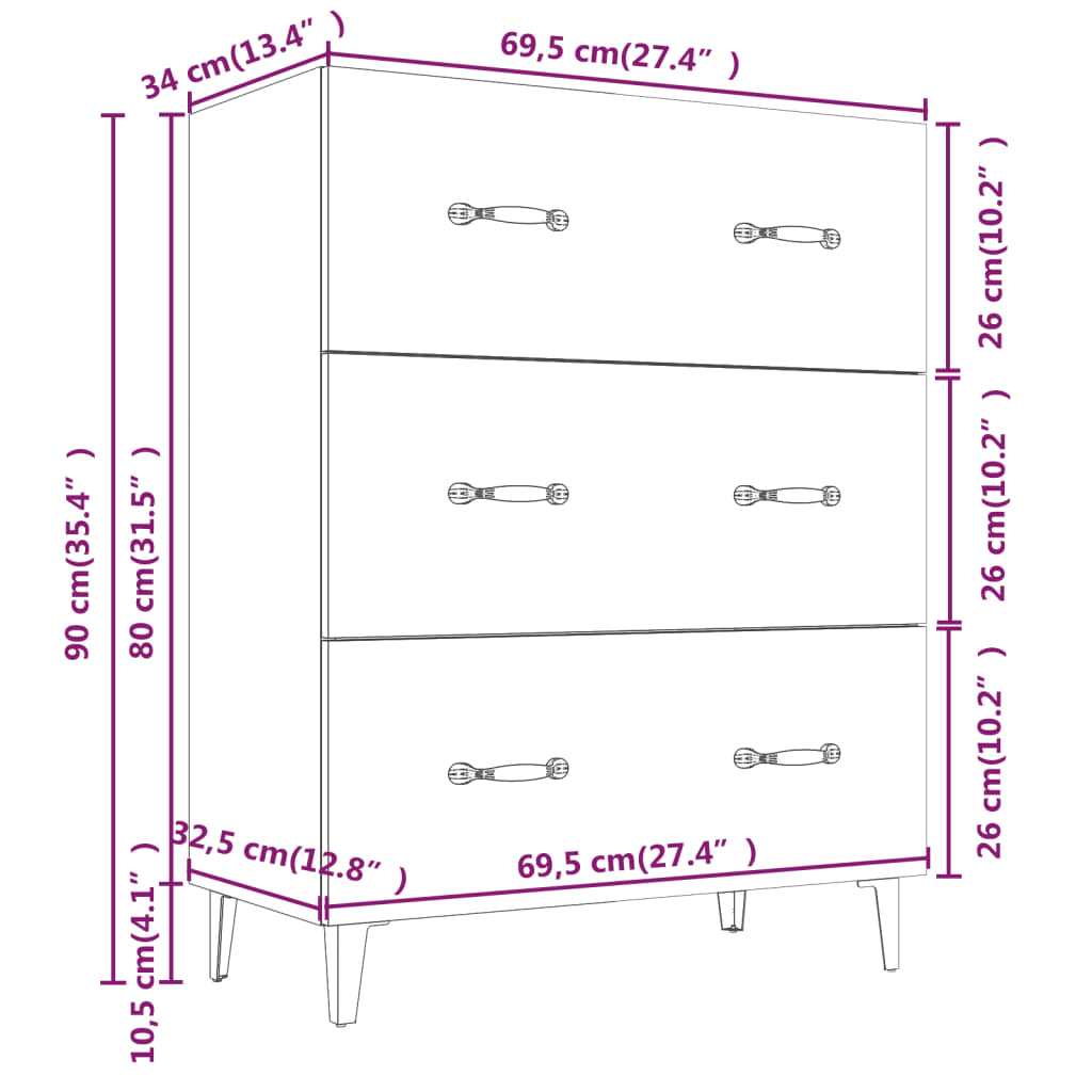 Credenza bianca 69,5x34x90 cm in derivati ​​del legno