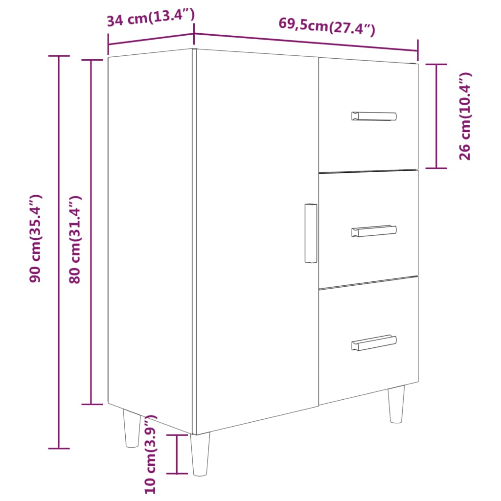 Weißes Buffet 69.5x34x90 cm Ingenieurholz