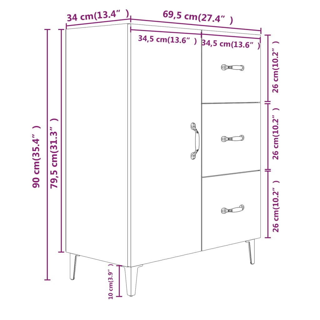 Credenza in rovere Sonoma 69,5x34x90 cm in multistrato