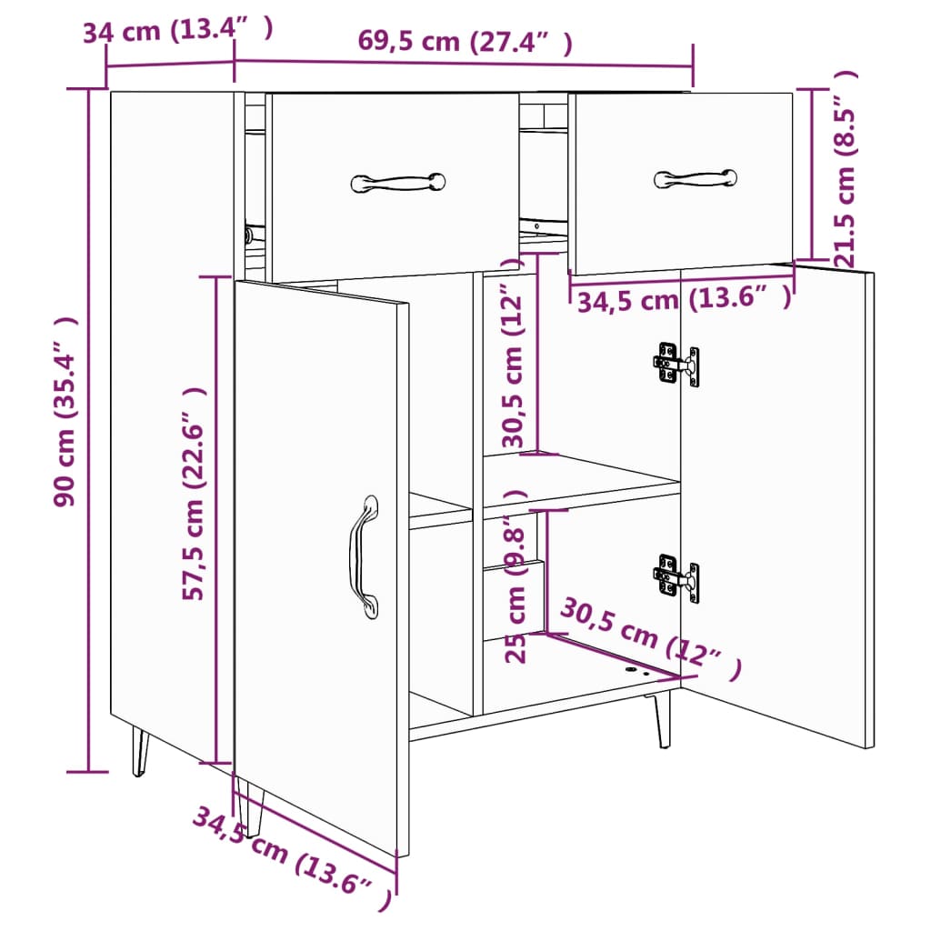 Weißes Buffet 69.5x34x90 cm Ingenieurholz