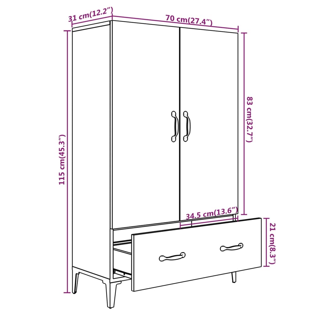 Buffet haut noir 70x31x115 cm bois d'ingénierie