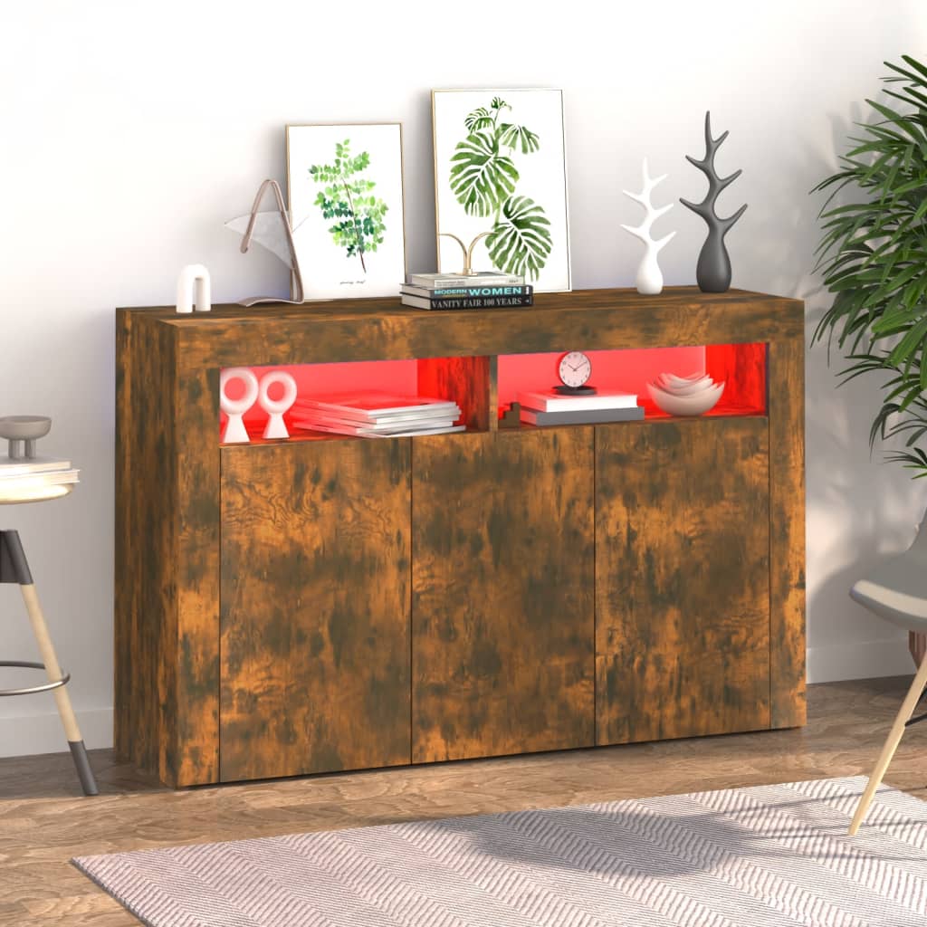 Buffet avec lumières LED chêne fumé 115,5x30x75 cm