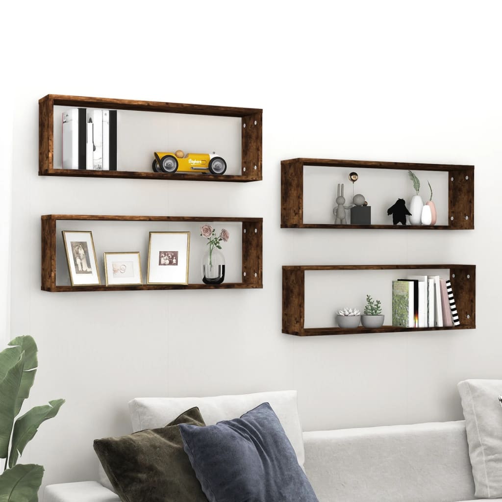 Cubic wall shelves 4 pcs smoked oak 80x15x26.5 cm
