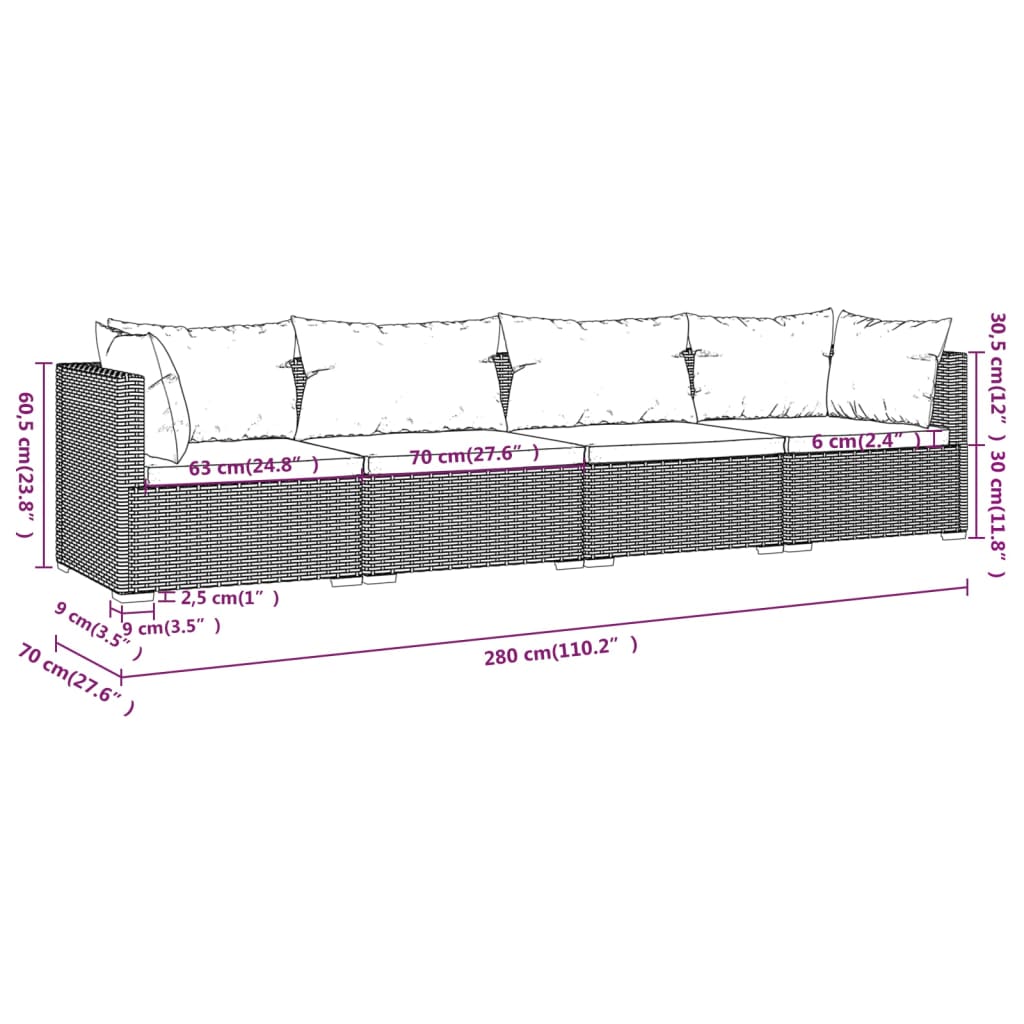 4 PCs Gartenmöbel mit schwarzen geflochtenen Harzkissen