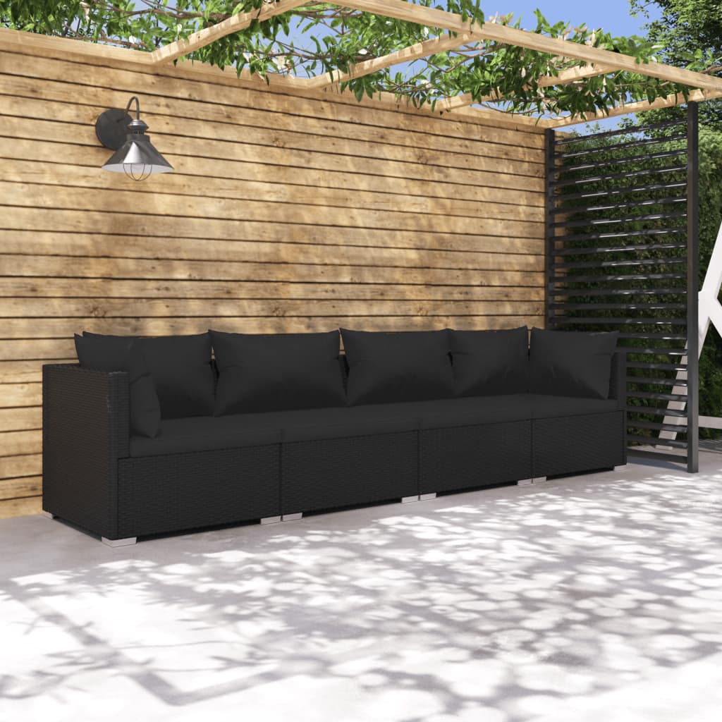 Salon de jardin 4 pcs avec coussins Résine tressée Noir