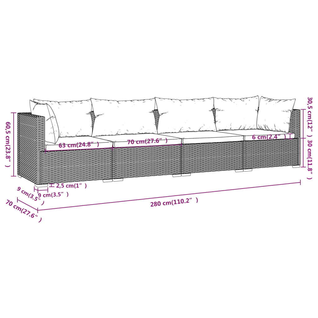 4 PCs Gartenmöbel mit schwarzen geflochtenen Harzkissen