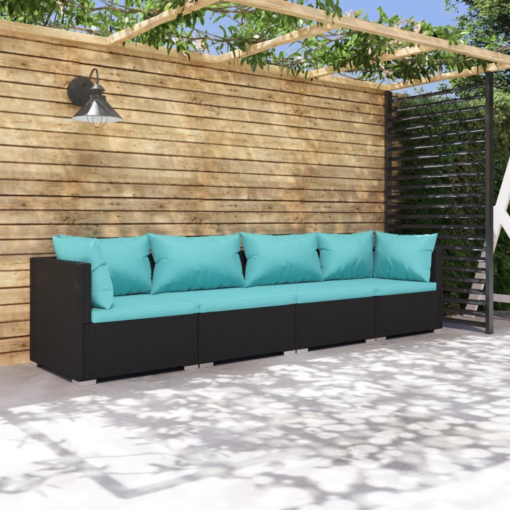 4 pcs garden furniture with black braided resin cushions