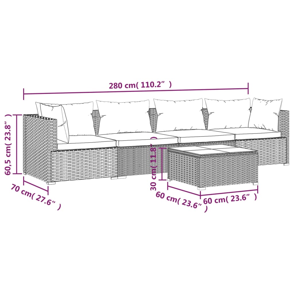 5 PCs Gartenmöbel mit schwarzen geflochtenen Harzkissen