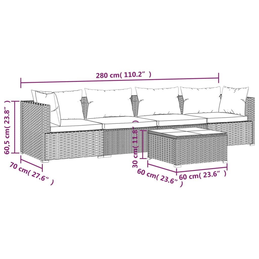 5 pcs garden furniture with brown braided resin cushions