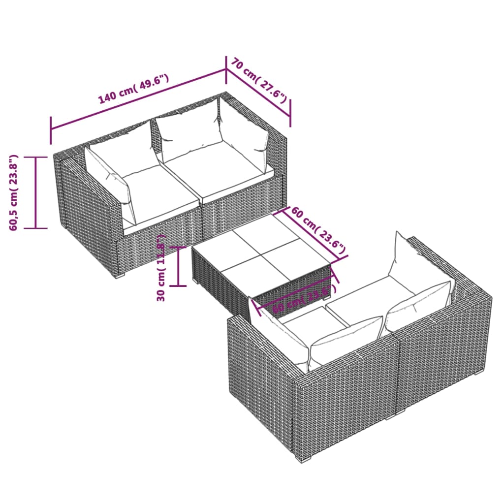 5 PCs Gartenmöbel mit schwarzen geflochtenen Harzkissen