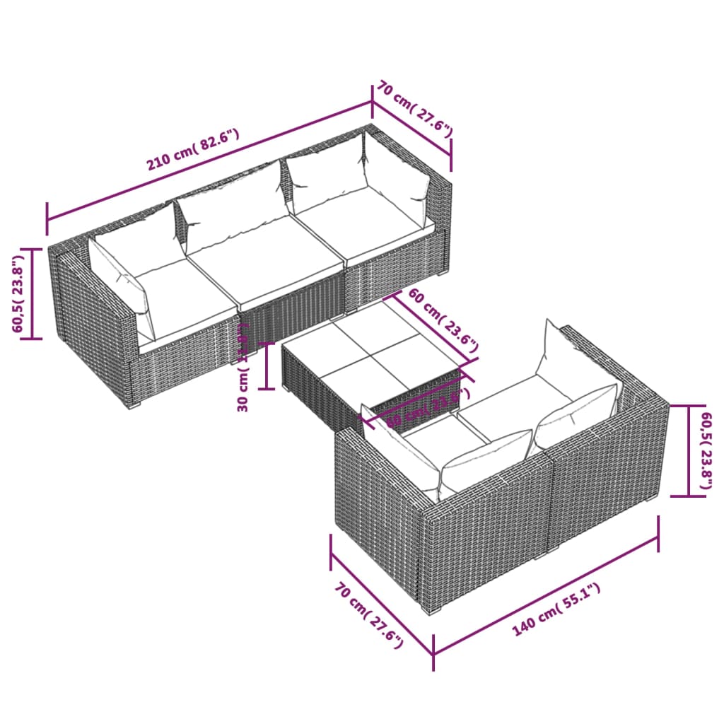 6 pcs garden furniture with black braided resin cushions