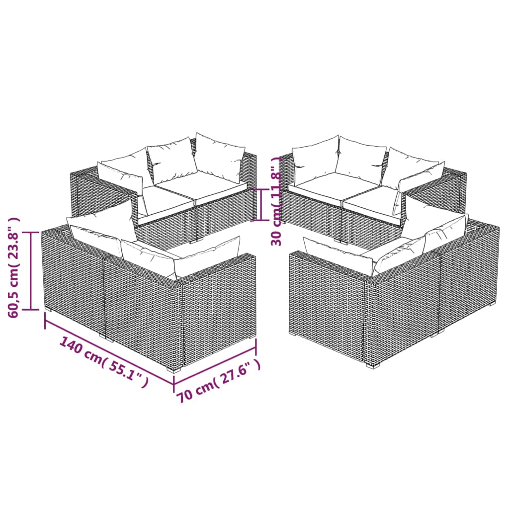 8 PCs Gartenmöbel mit schwarzen geflochtenen Harzkissen