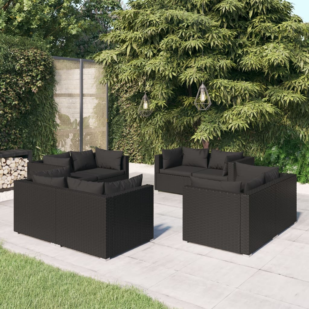 Salon de jardin 8 pcs avec coussins Résine tressée Noir