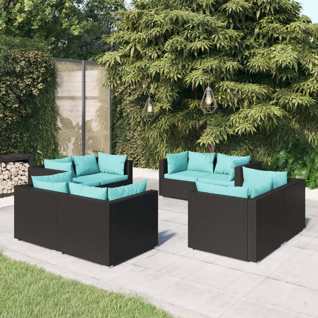 Salon de jardin 8 pcs avec coussins Résine tressée Noir