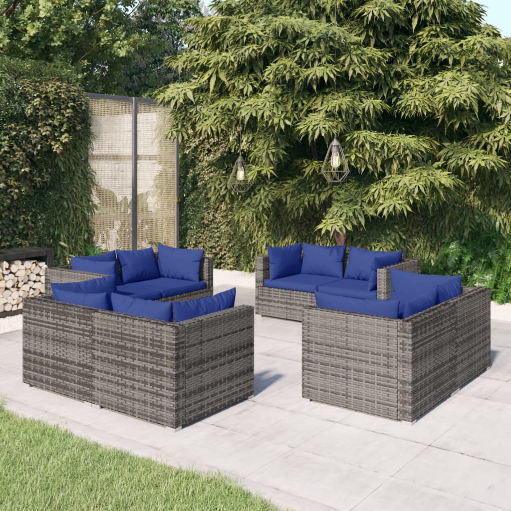 Salon de jardin 8 pcs avec coussins résine tressée gris