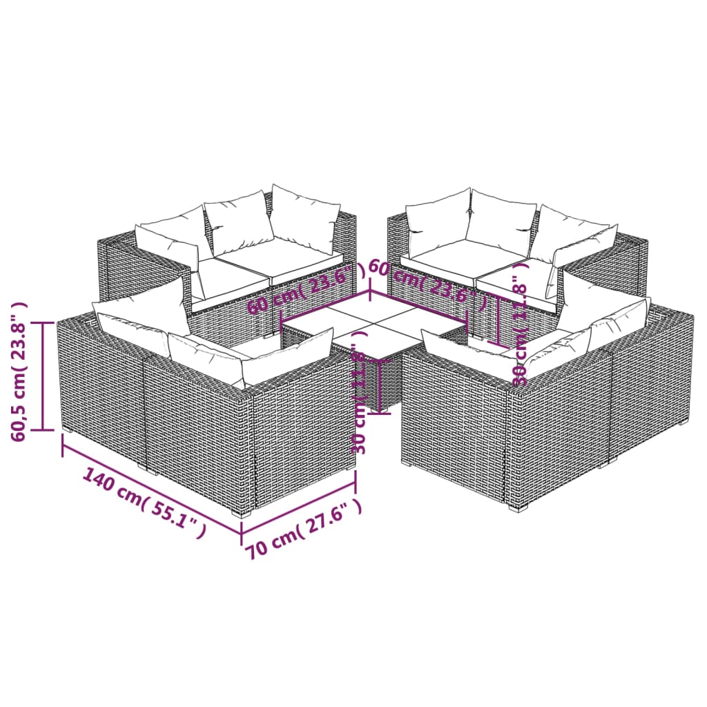 9 pcs garden furniture with black braided resin cushions