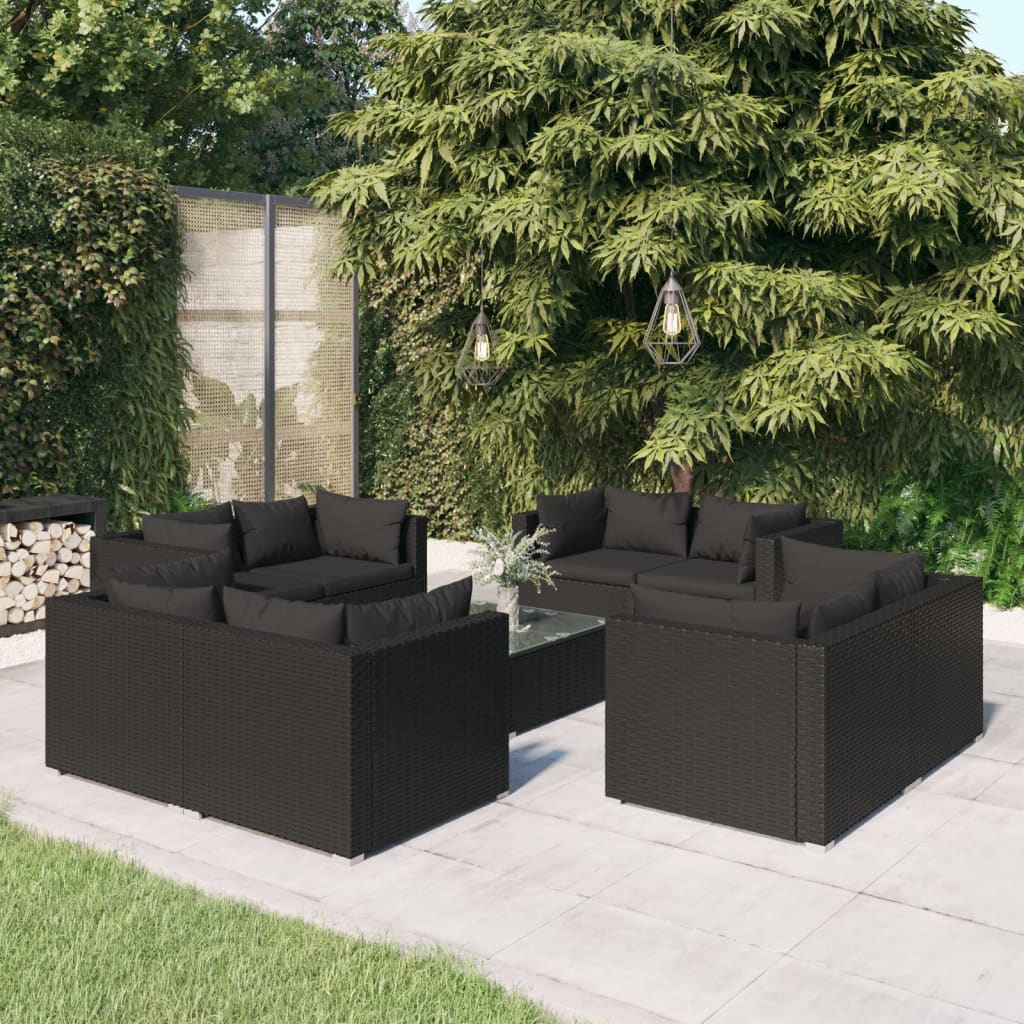 Salon de jardin 9 pcs avec coussins Résine tressée Noir