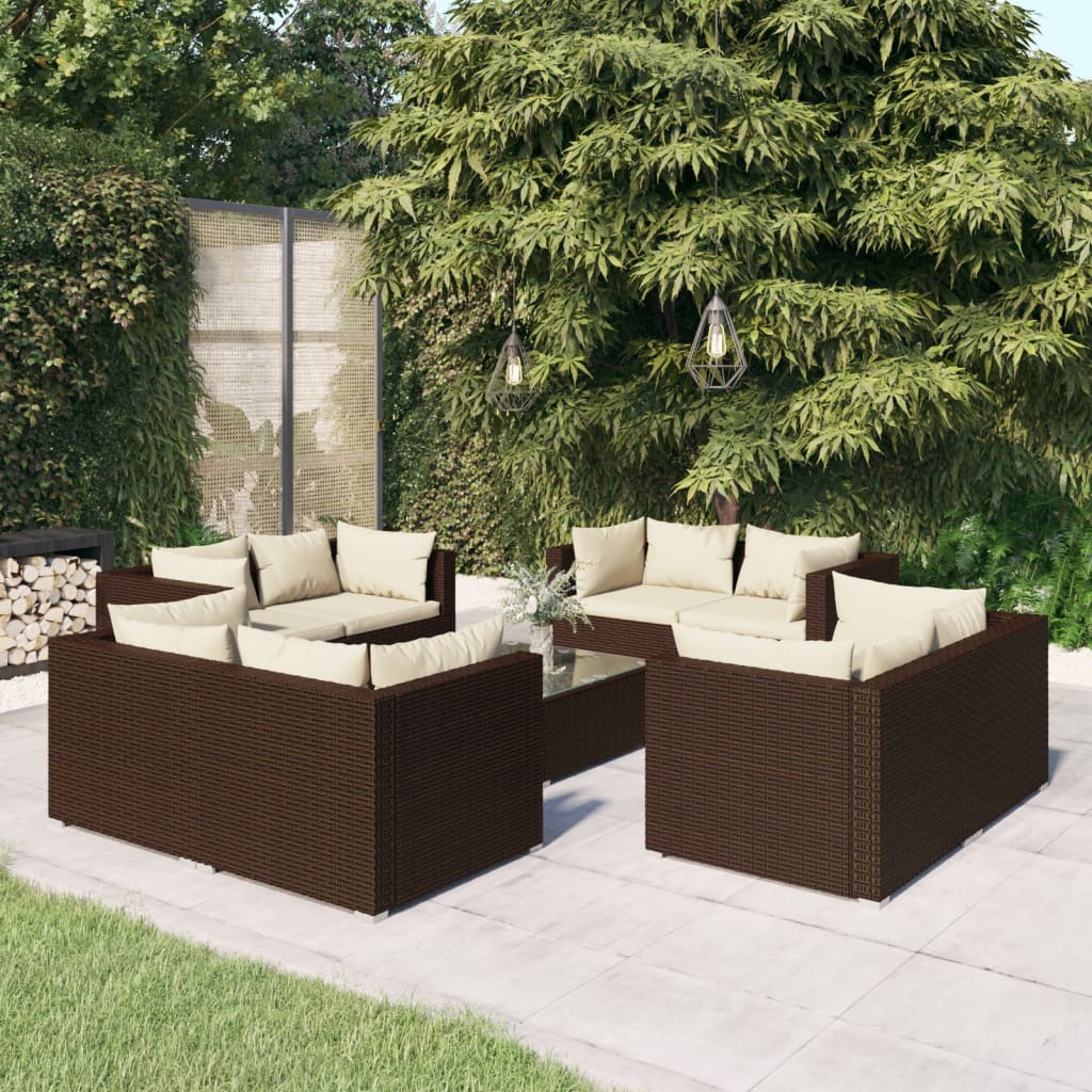 9 pcs garden furniture with brown braided resin cushions