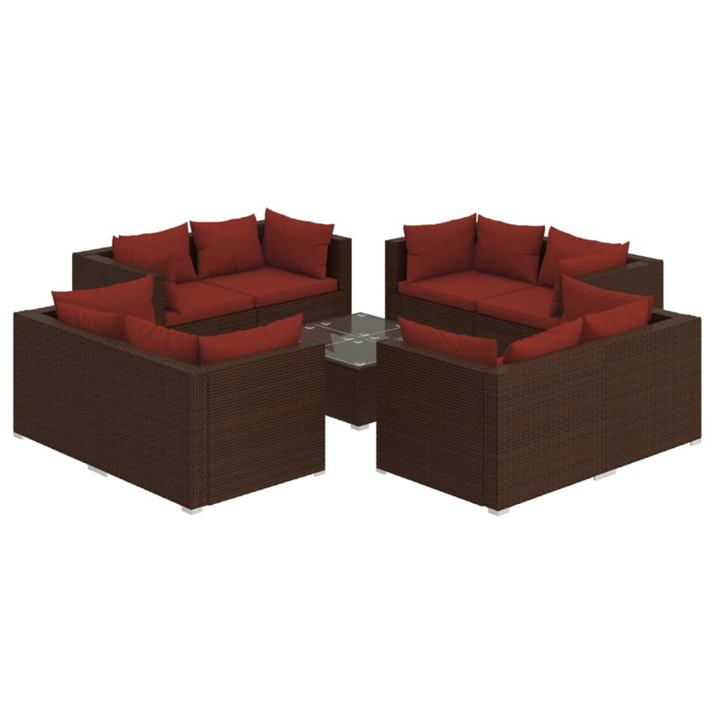 9 pcs garden furniture with brown braided resin cushions