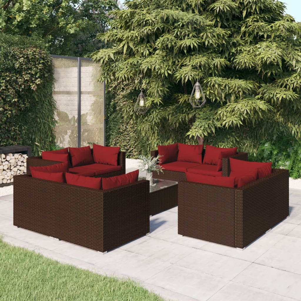 9 pcs garden furniture with brown braided resin cushions