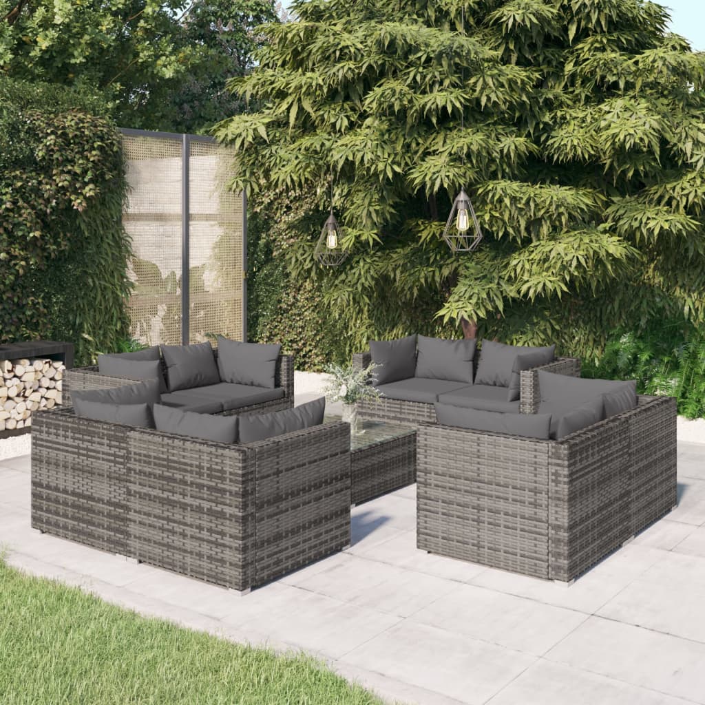 Salon de jardin 9 pcs avec coussins Résine tressée Gris