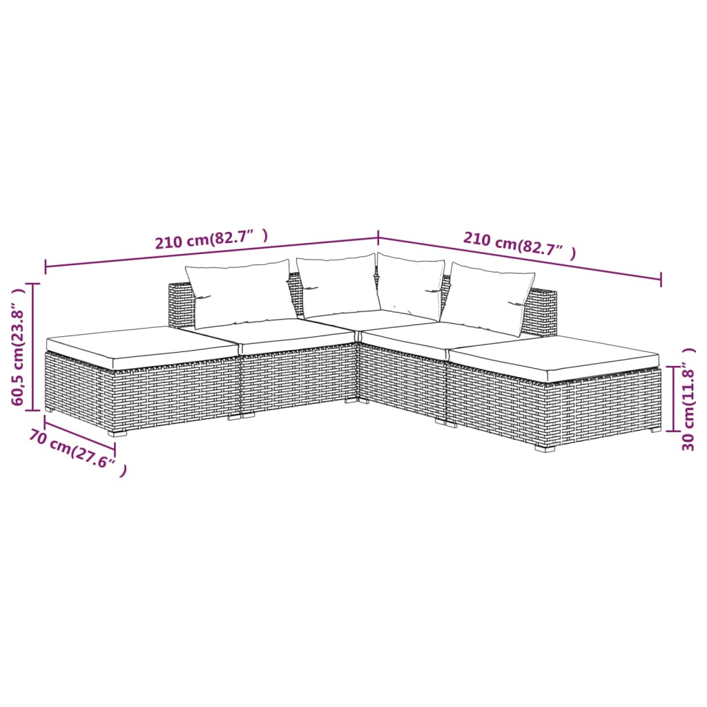 5 PCs Gartenmöbel mit schwarzen geflochtenen Harzkissen