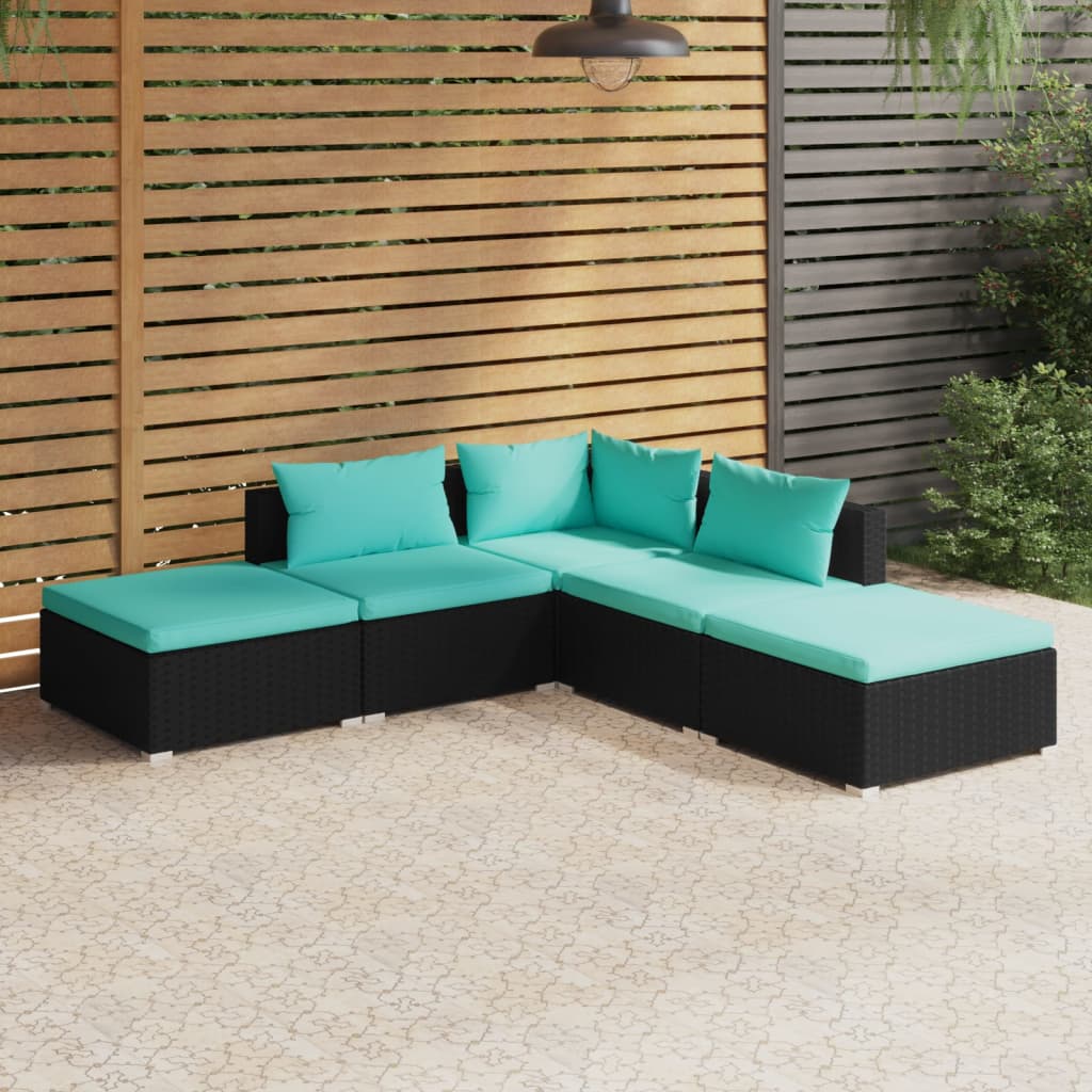 5 pcs garden furniture with black braided resin cushions