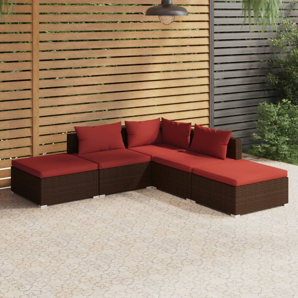 5 pcs garden furniture with brown braided resin cushions