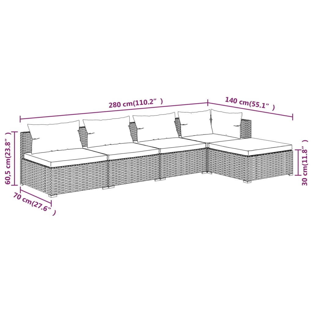 5 PCs Gartenmöbel mit schwarzen geflochtenen Harzkissen