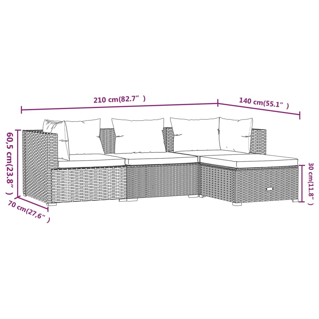 4 PCs Gartenmöbel mit schwarzen geflochtenen Harzkissen