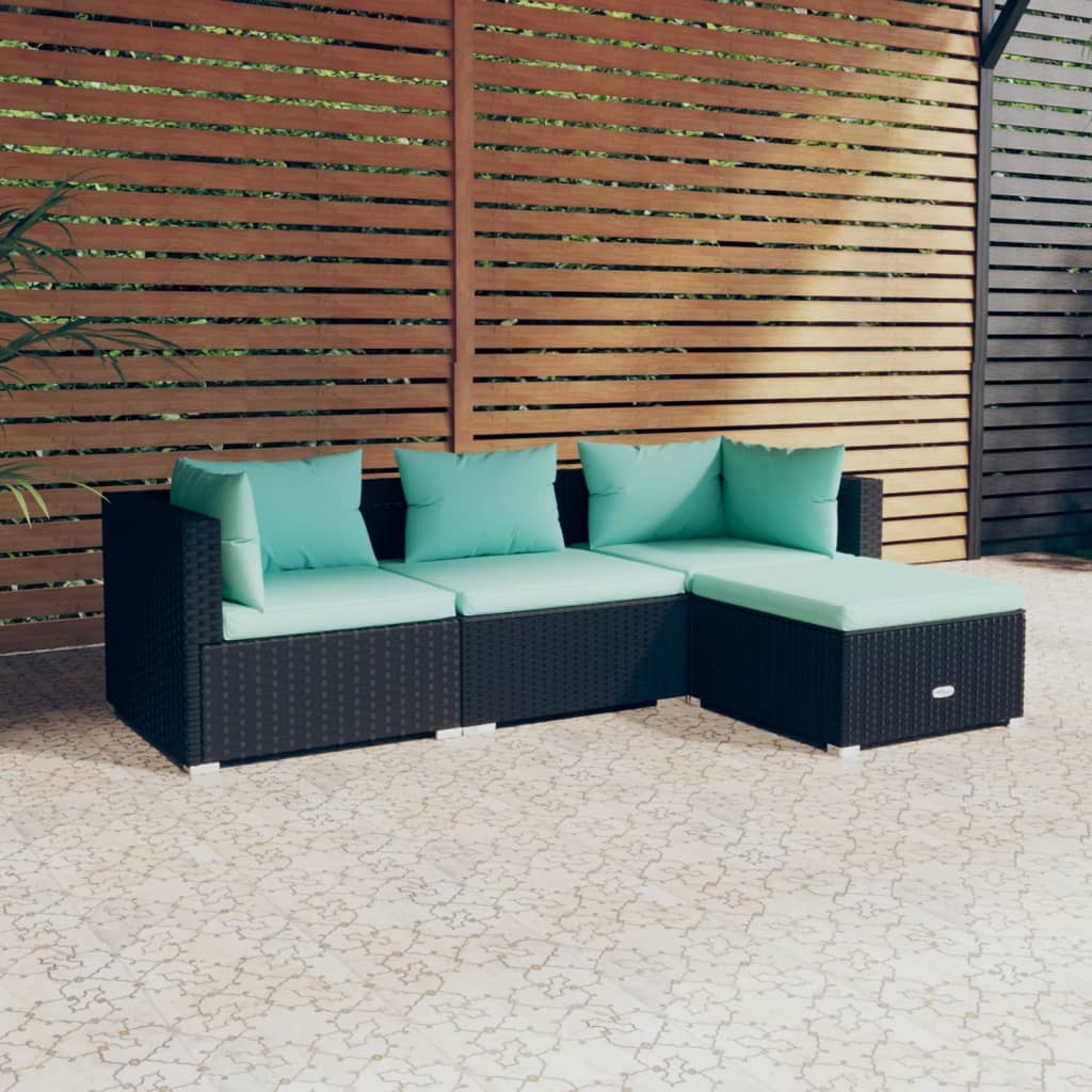 4 pcs garden furniture with black braided resin cushions