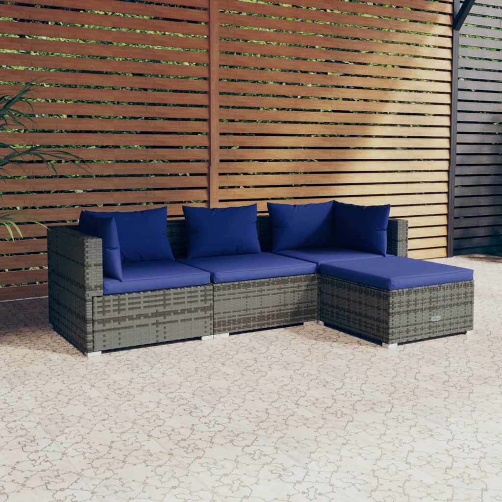 Salon de jardin 4 pcs avec coussins résine tressée gris