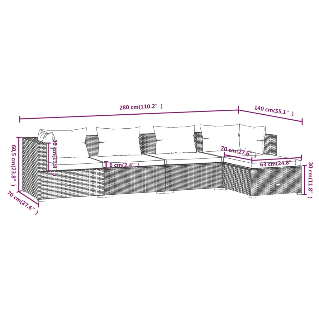 5 PCs Gartenmöbel mit schwarzen geflochtenen Harzkissen