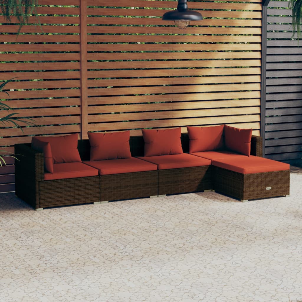 5 pcs garden furniture with brown braided resin cushions