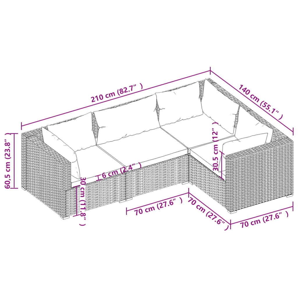 Salon de jardin 4 pcs avec coussins Résine tressée Noir