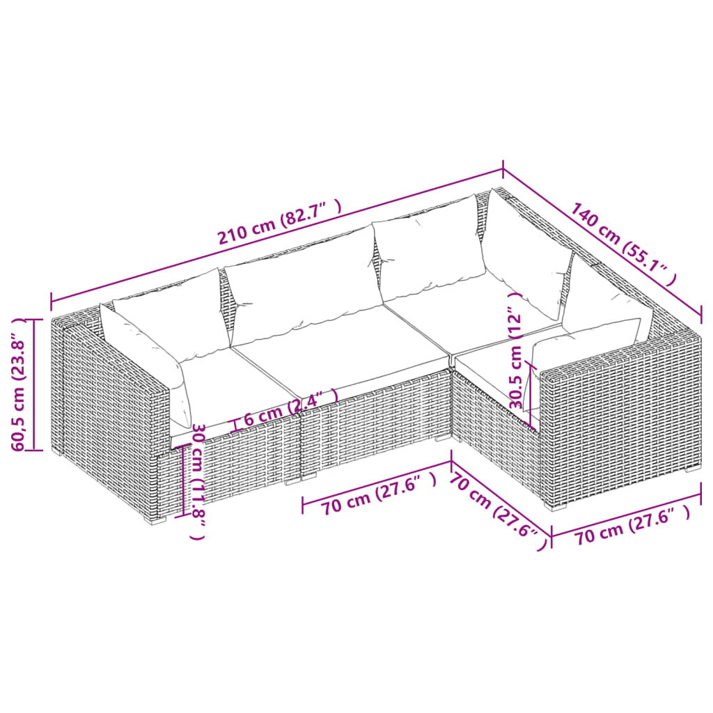 Mobili da giardino 4 pezzi con cuscini in vimini in resina marrone