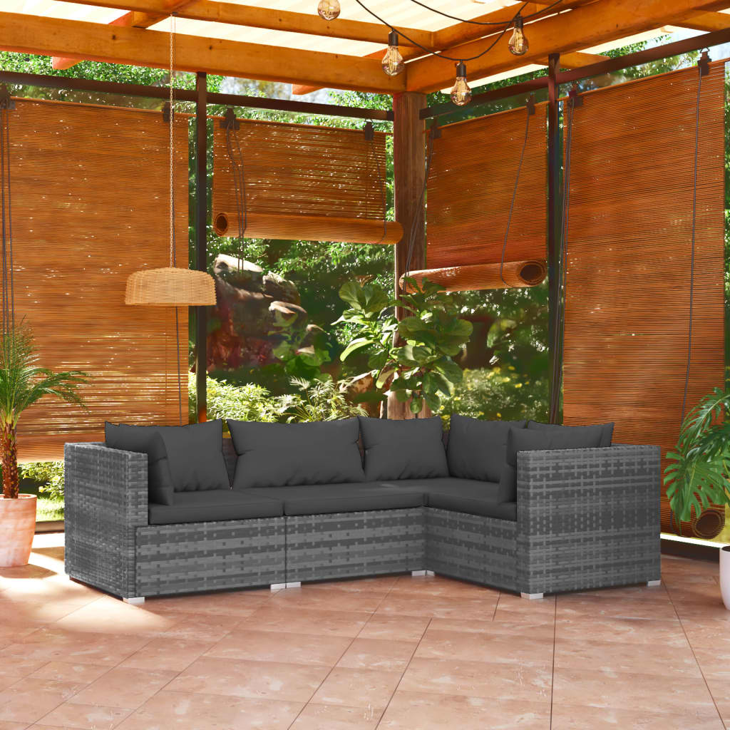 Salon de jardin 4 pcs avec coussins Résine tressée Gris